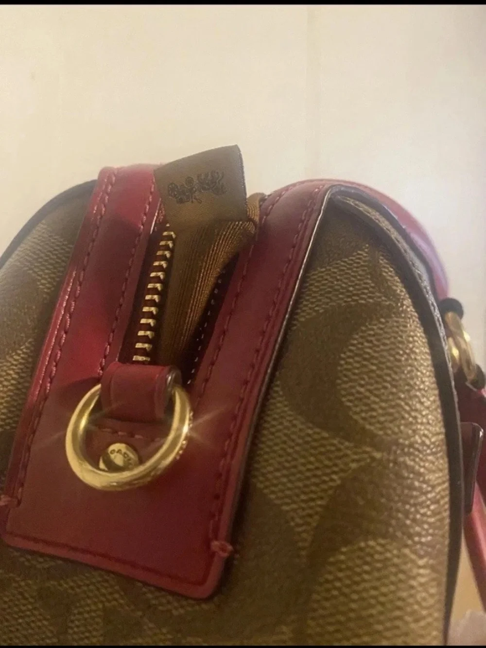 Coach Khaki & Dark Fuchsia Pink Rowan Signature Canvas Satchel Crossbody Handbag